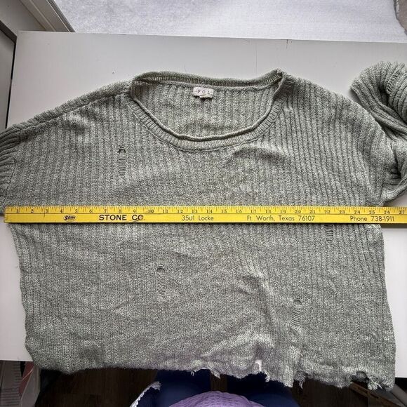 Pol Knit Scoop Neck Distressed Raw Hem Pullover Sweater Green Size Large - Picture 7 of 10